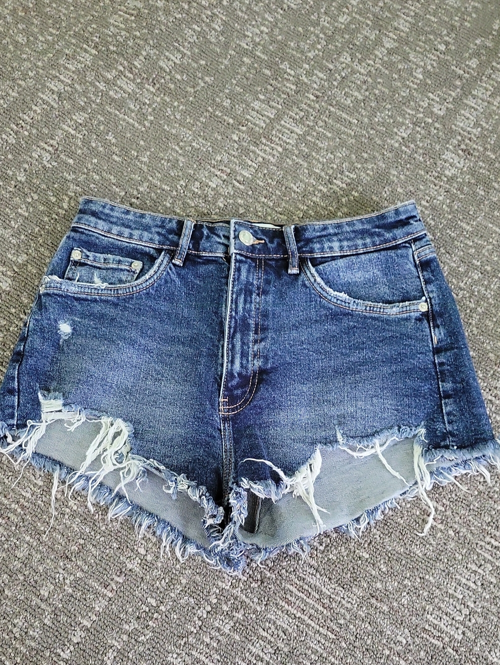 Zara Distressed Dark Blue High Rise Denim Shorts with Frayed Hem Size 6